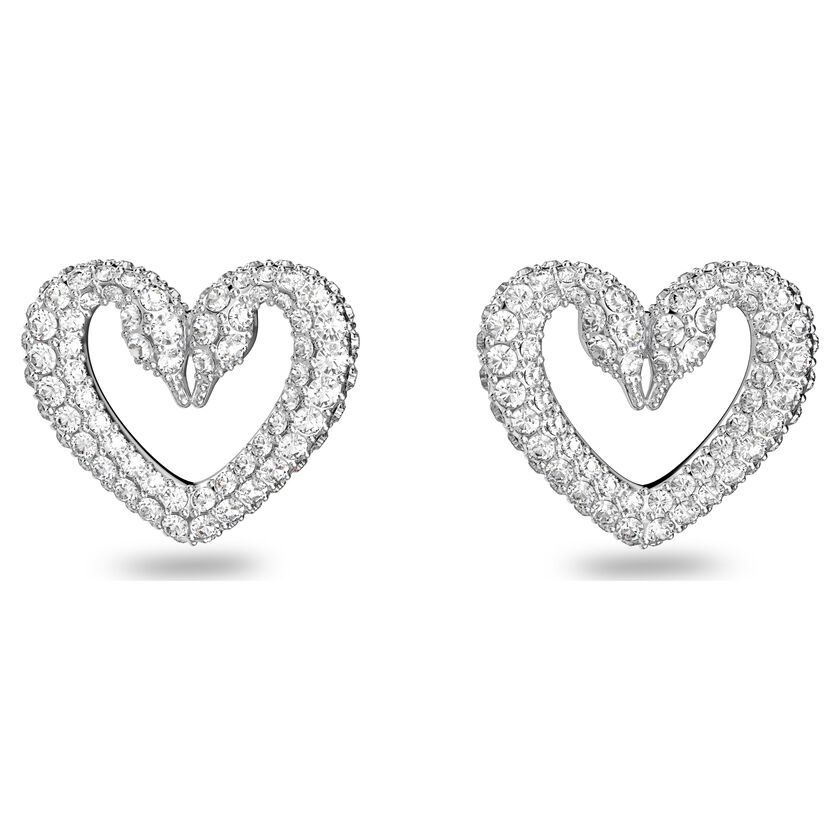 Una stud earrings, Heart, Small, White, Rhodium plated