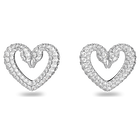 Una stud earrings, Heart, Small, White, Rhodium plated