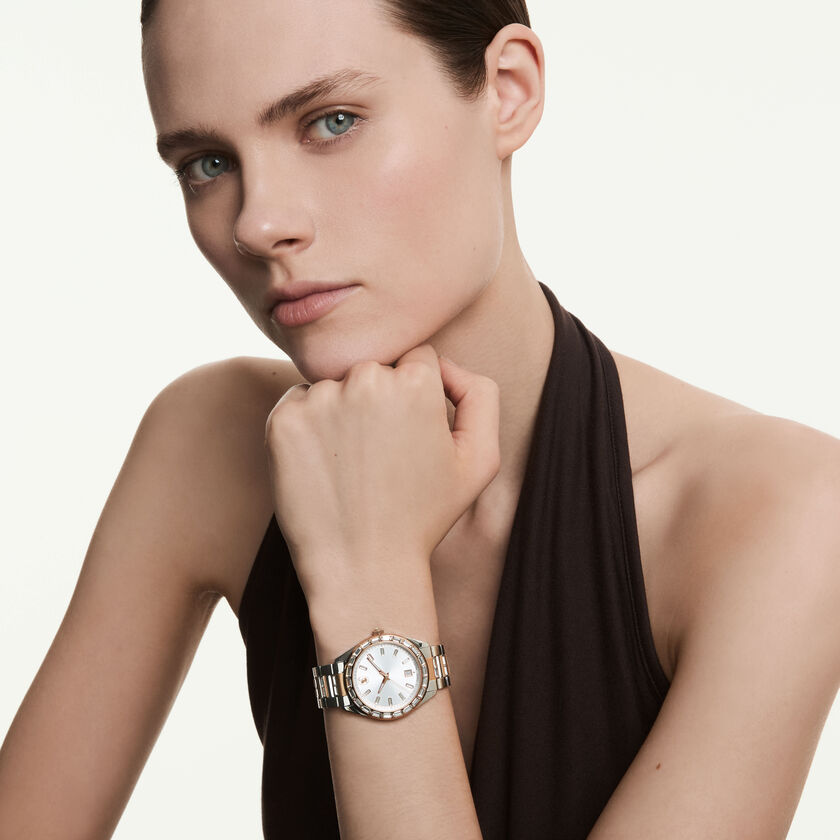 swarovski matrix date watch  swiss made  metal bracelet  rose gold tone  mixed metal finish