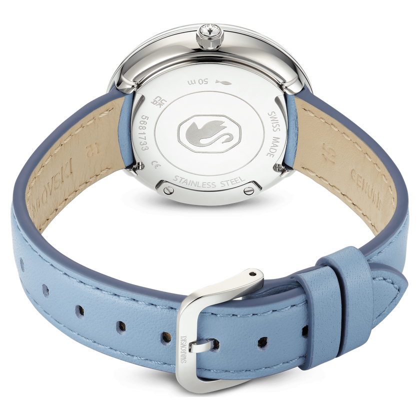 swarovski crystalline lustre watch  swiss made  leather strap  blue  stainless steel