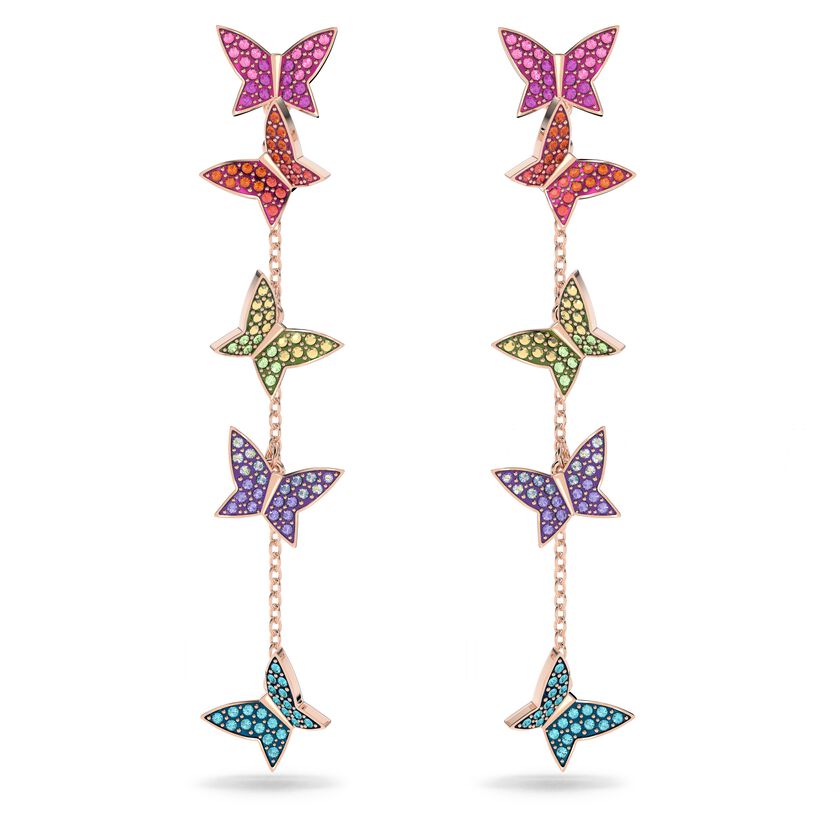 Lilia drop earrings, Butterfly, Long, Multicolored, Rose-gold tone plated