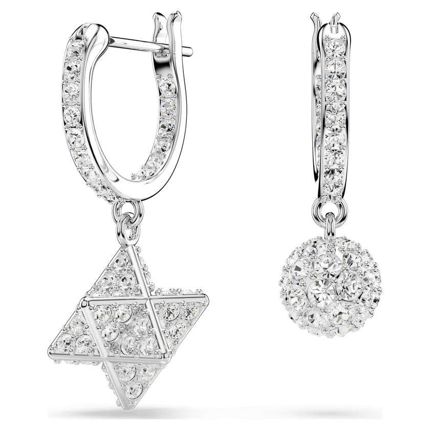 swarovski dextera drop earrings  asymmetrical design  round cut  star and sphere  white  rhodium plated