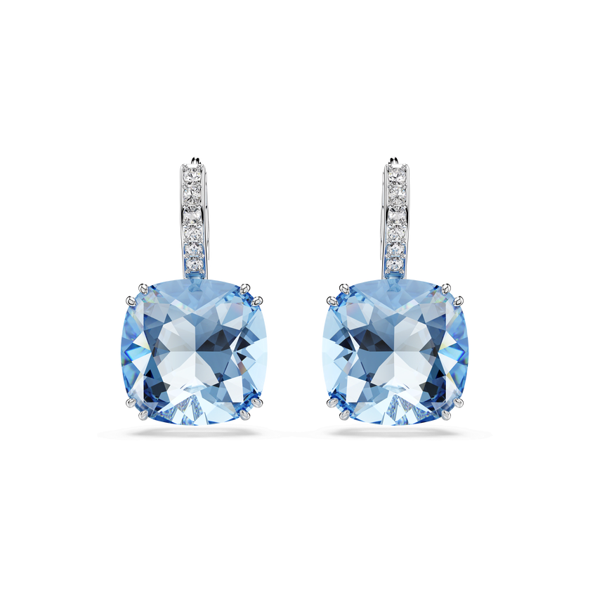 swarovski millenia drop earrings  cushion cut  blue  rhodium plated