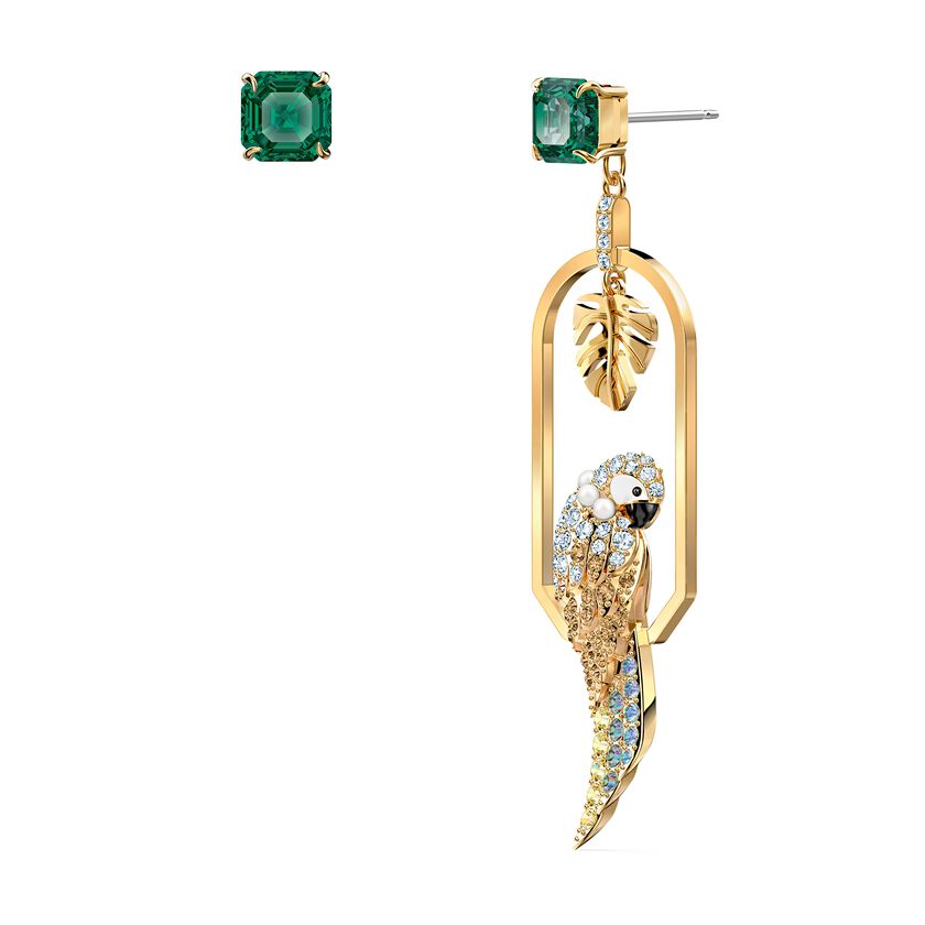 Tropical Parrot Pierced Earrings, Light multi-colored Green, Gold-tone plated