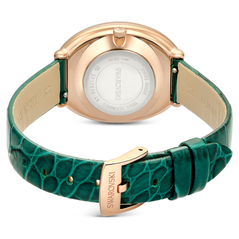 swarovski imber oval watch  swiss made  leather strap  green  rose gold tone finish