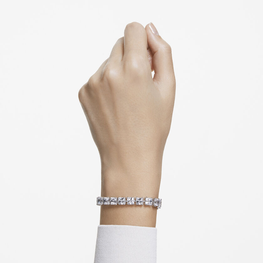 Millenia bracelet, Square cut crystals, White, Rhodium plated