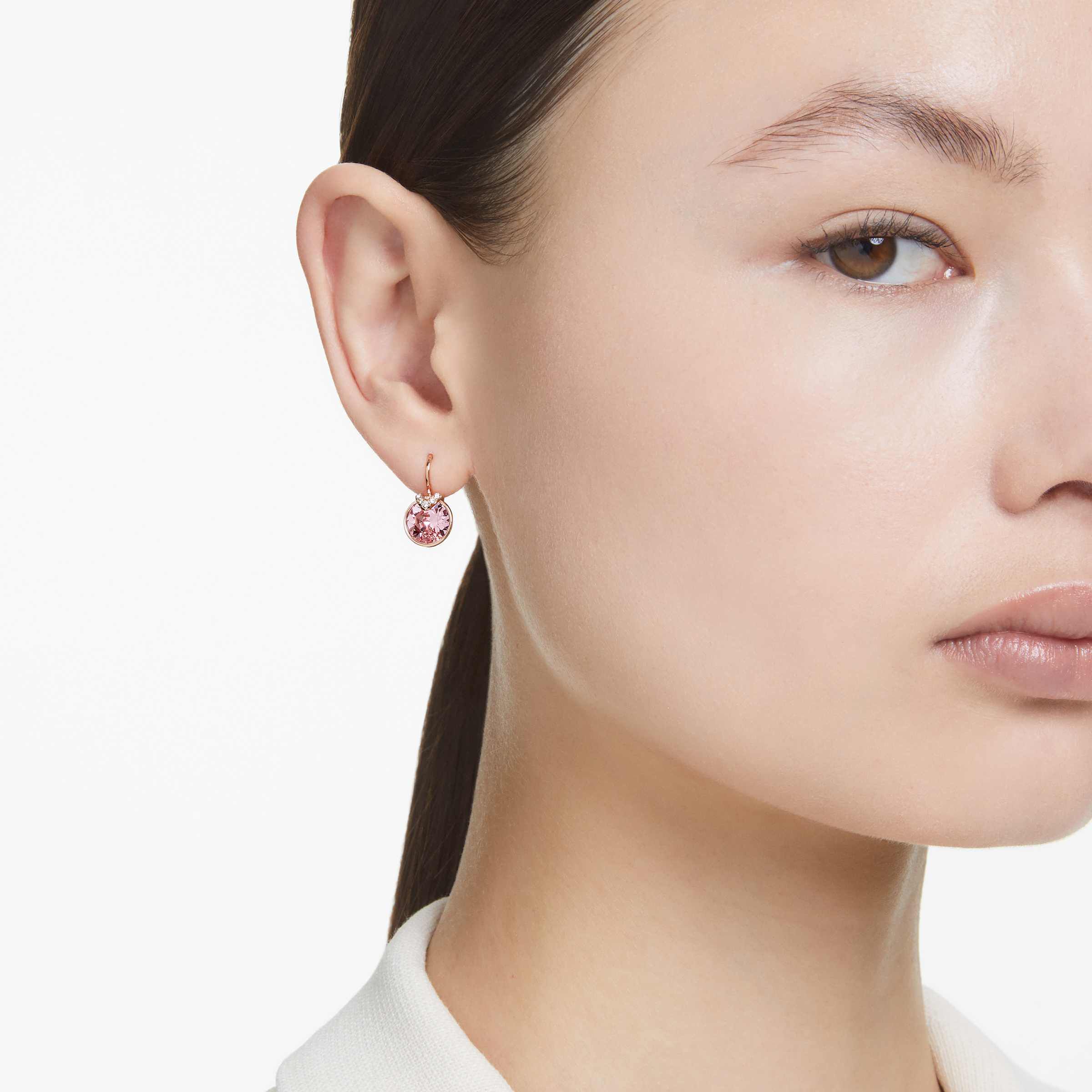 swarovski bella v drop earrings  round cut  pink  rose gold tone plated