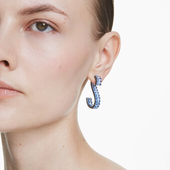 swarovski matrix drop earrings  baguette cut  blue  ruthenium plated