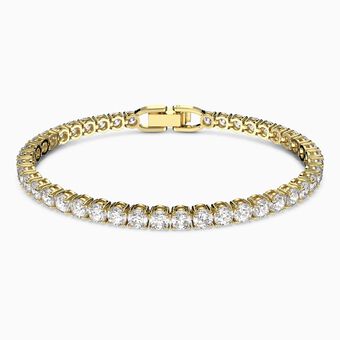 Tennis Deluxe bracelet, Round cut, White, Gold-tone plated
