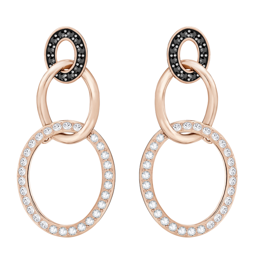 Greeting Ring Pierced Earrings, Black, Rose-gold tone plated