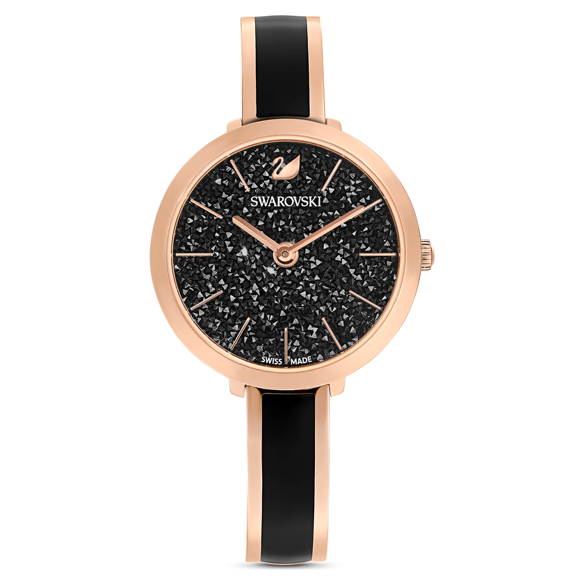 swarovski crystalline delight watch  swiss made  metal bracelet  black  rose gold tone finish