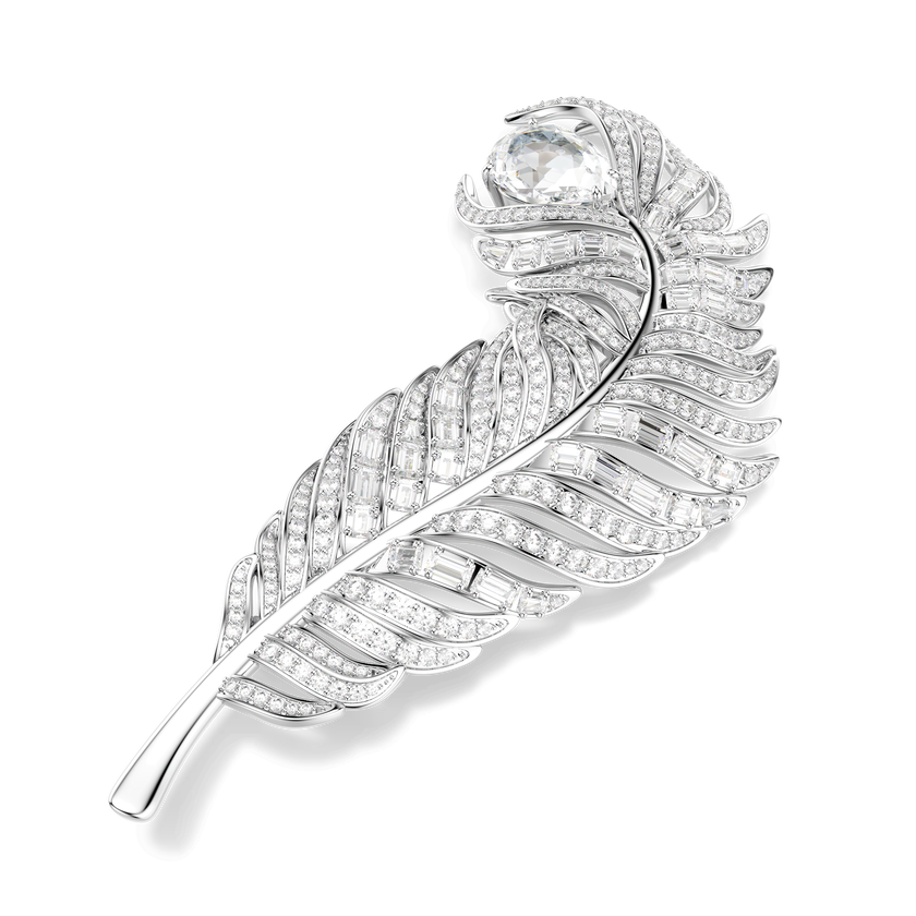 swarovski vienna brooch  mixed cuts  feather  white  rhodium plated