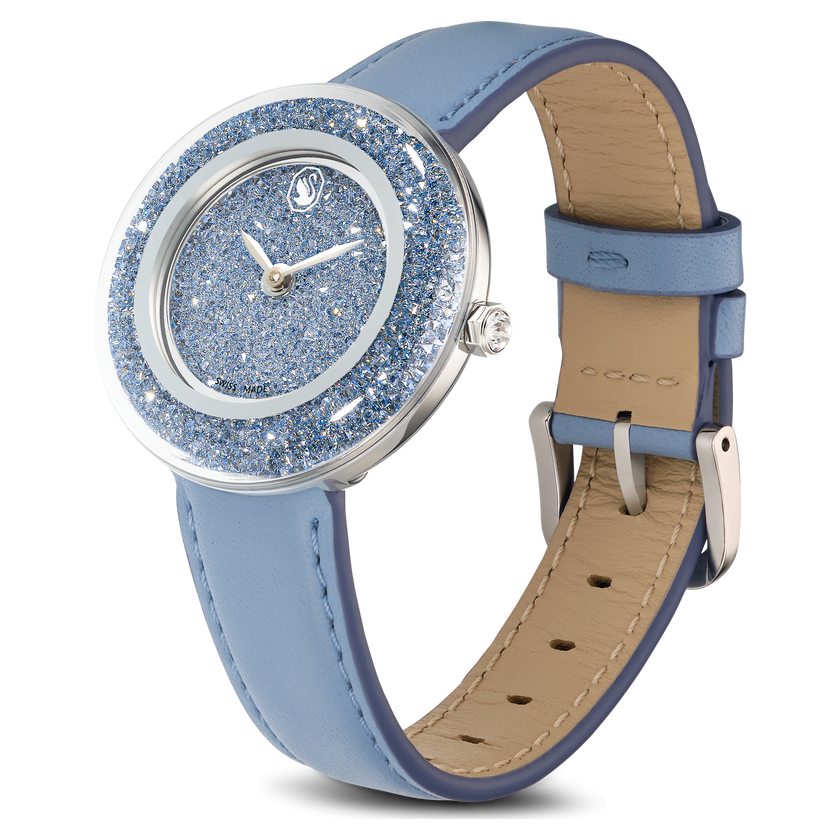 swarovski crystalline lustre watch  swiss made  leather strap  blue  stainless steel