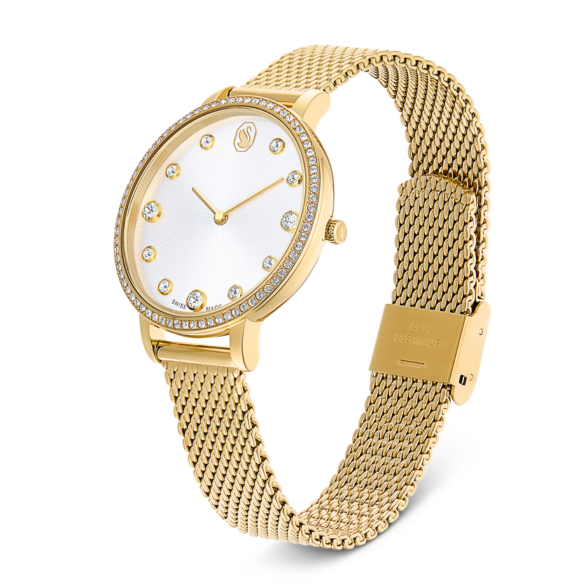 swarovski clarica watch  swiss made  metal bracelet  gold tone  gold tone finish
