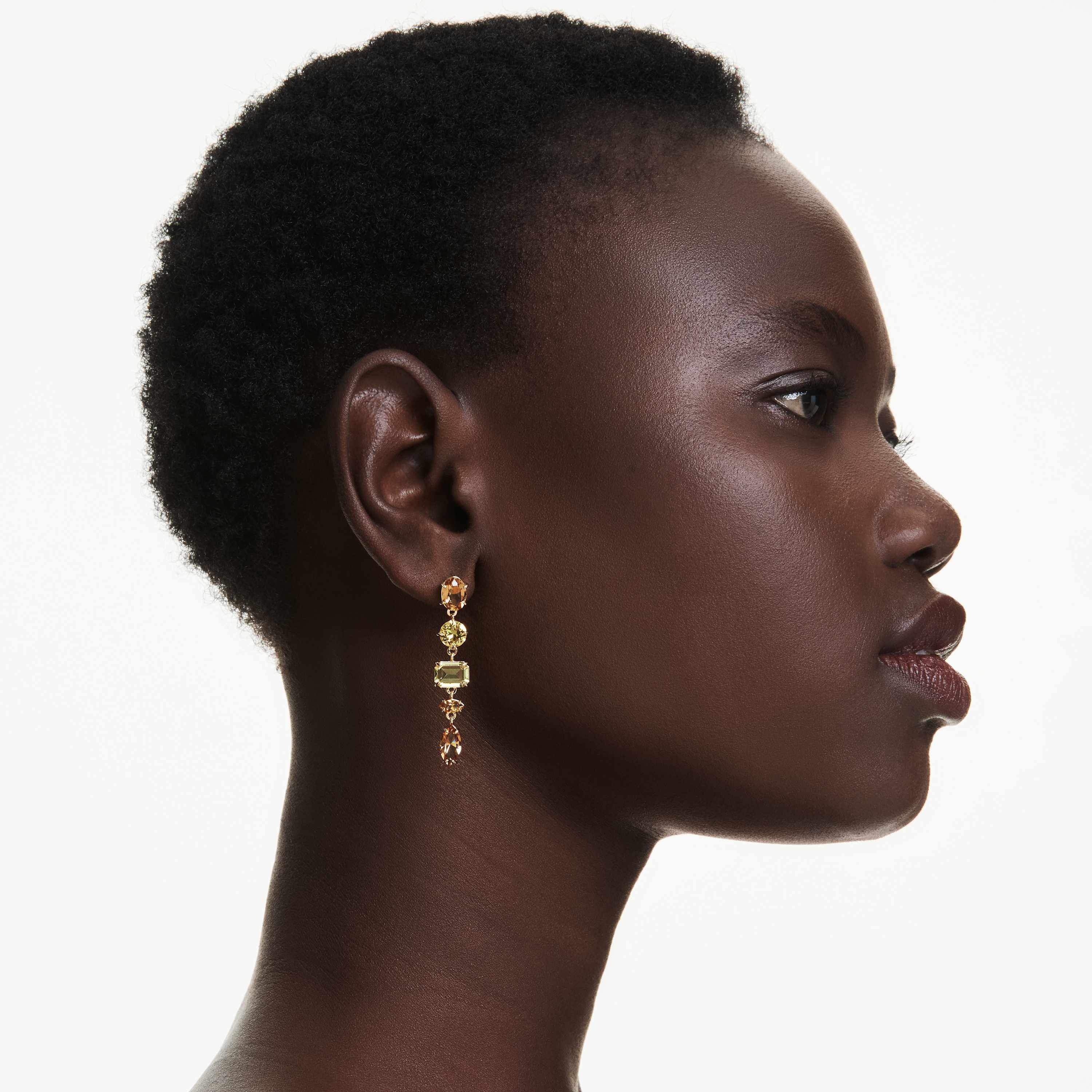 swarovski gema drop earrings  asymmetrical design  mixed cuts  long  yellow  gold tone plated