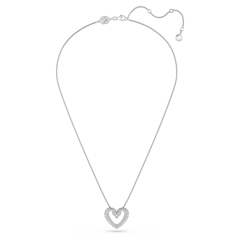 Una pendant, Heart, Small, White, Rhodium plated