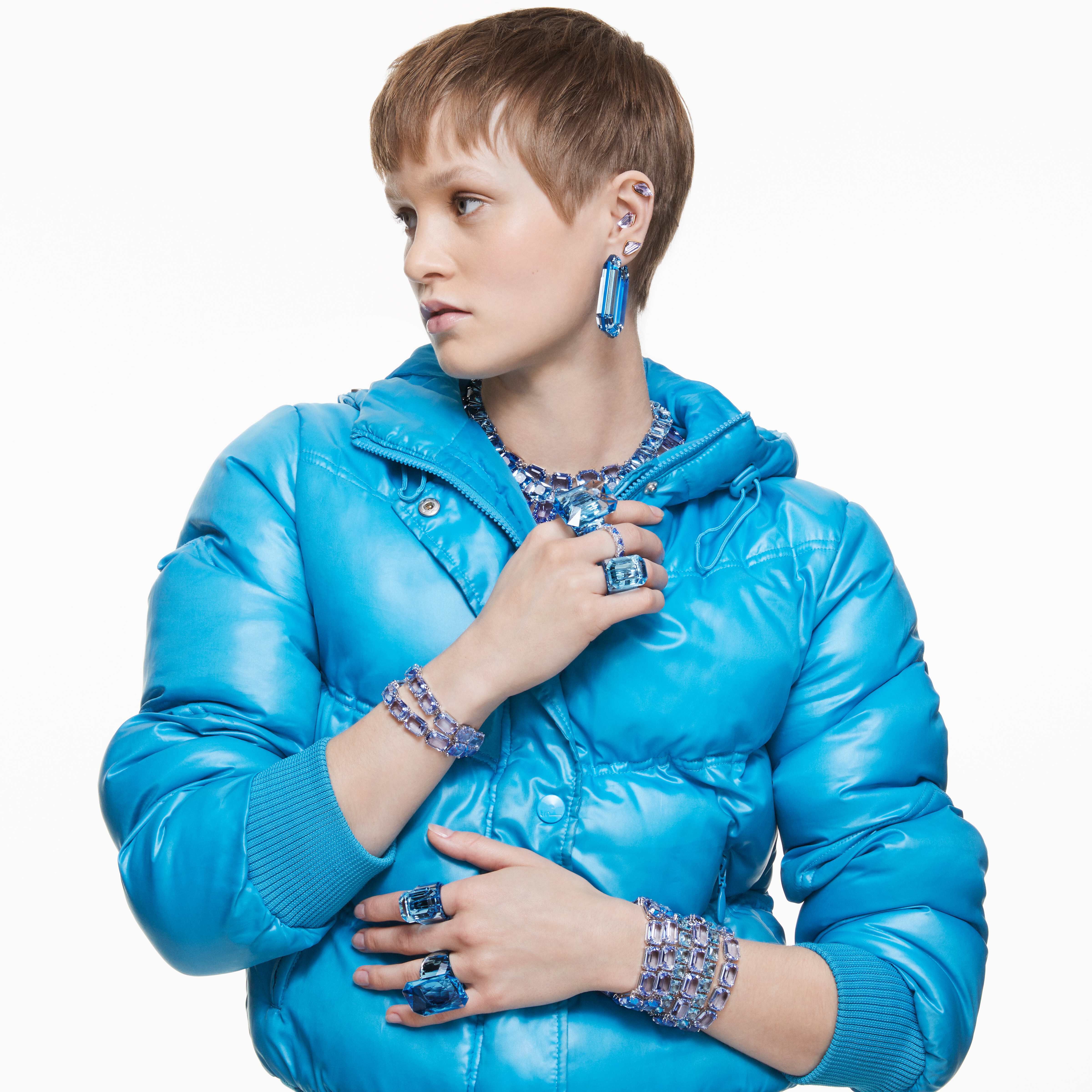 swarovski lucent hoop earrings  statement  octagon shape  blue