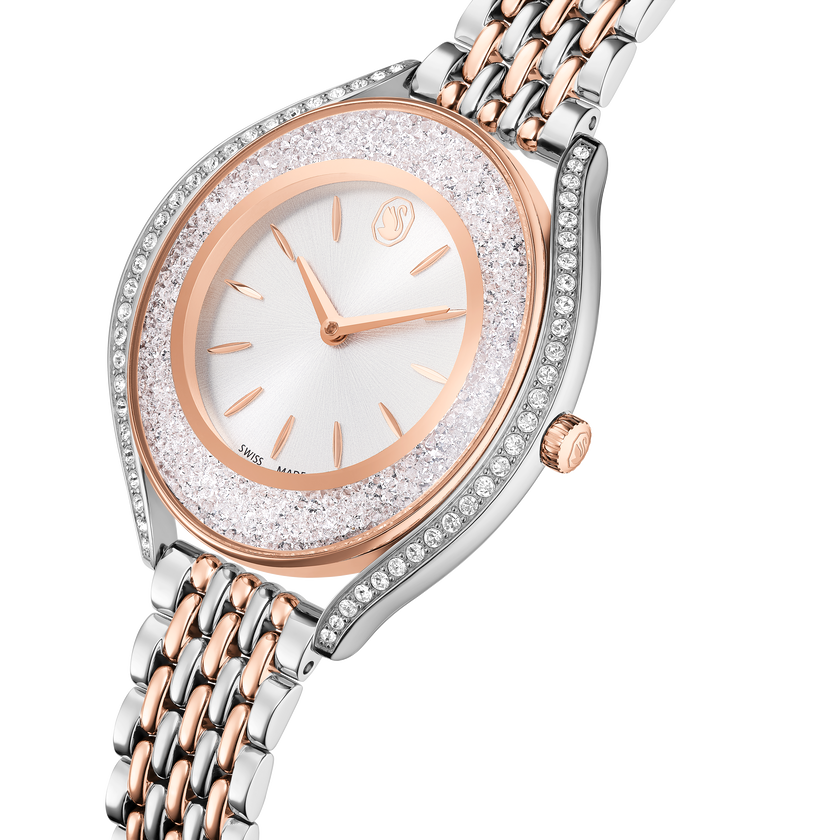 swarovski crystalline aura watch  swiss made  metal bracelet  rose gold tone  mixed metal finish