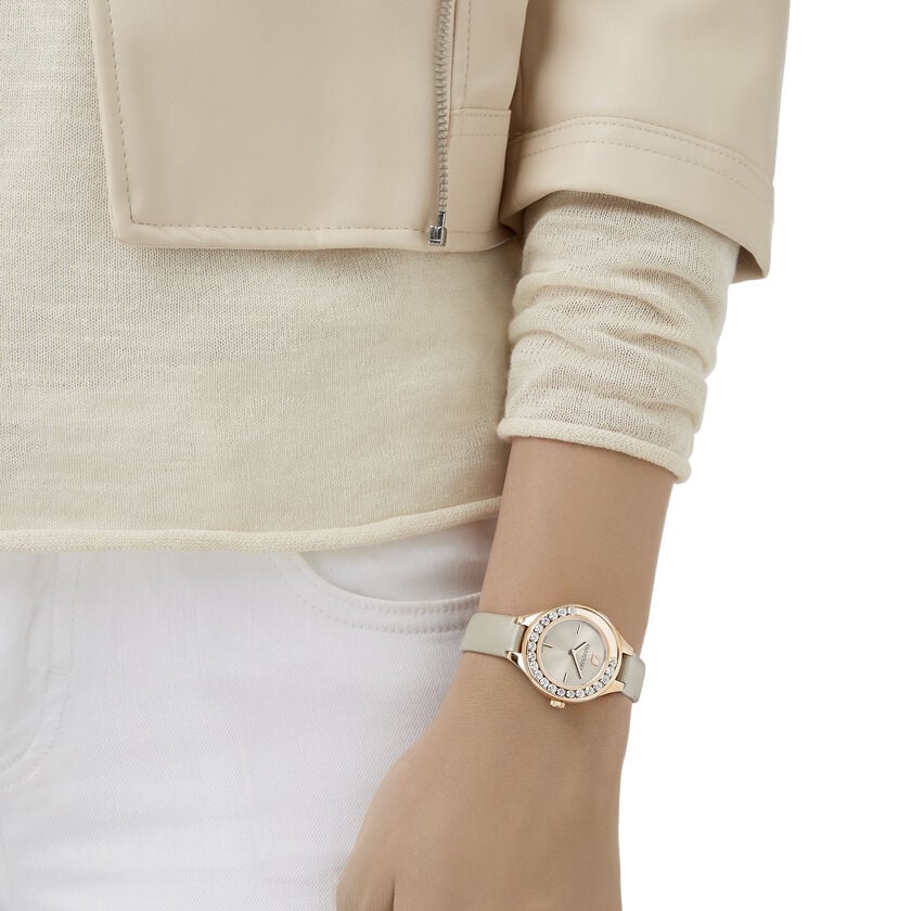 Lovely Crystals Mini Watch, Leather strap, Gray, Rose-gold tone PVD