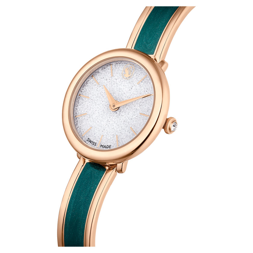 swarovski crystalline bangle watch  swiss made  metal bracelet  green  rose gold tone finish