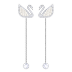 Iconic Swan Pierced Earrings, White, Rhodium Plating
