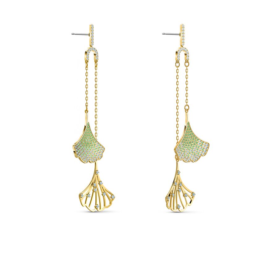 Stunning Ginko Mobile Pierced Earrings, Green, Gold-tone plated