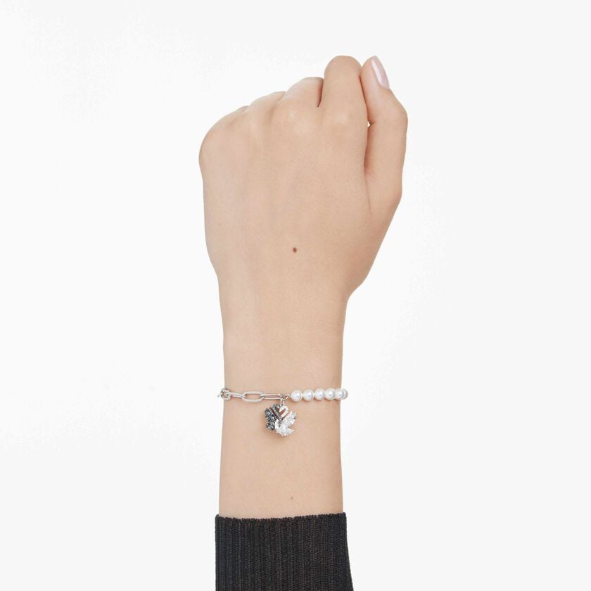 swarovski swan bracelet  crystal pearl  swan  black  rhodium plated
