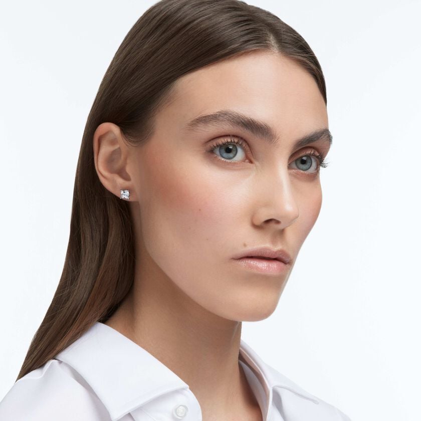 swarovski stilla attract stud earrings  square cut  white  rhodium plated
