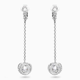 Generation clip earrings, Long, White, Rhodium plated