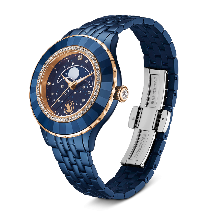 swarovski octea moon watch  swiss made  metal bracelet  blue  blue finish