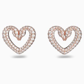 Una stud earrings, Heart, Small, White, Rose-gold tone plated