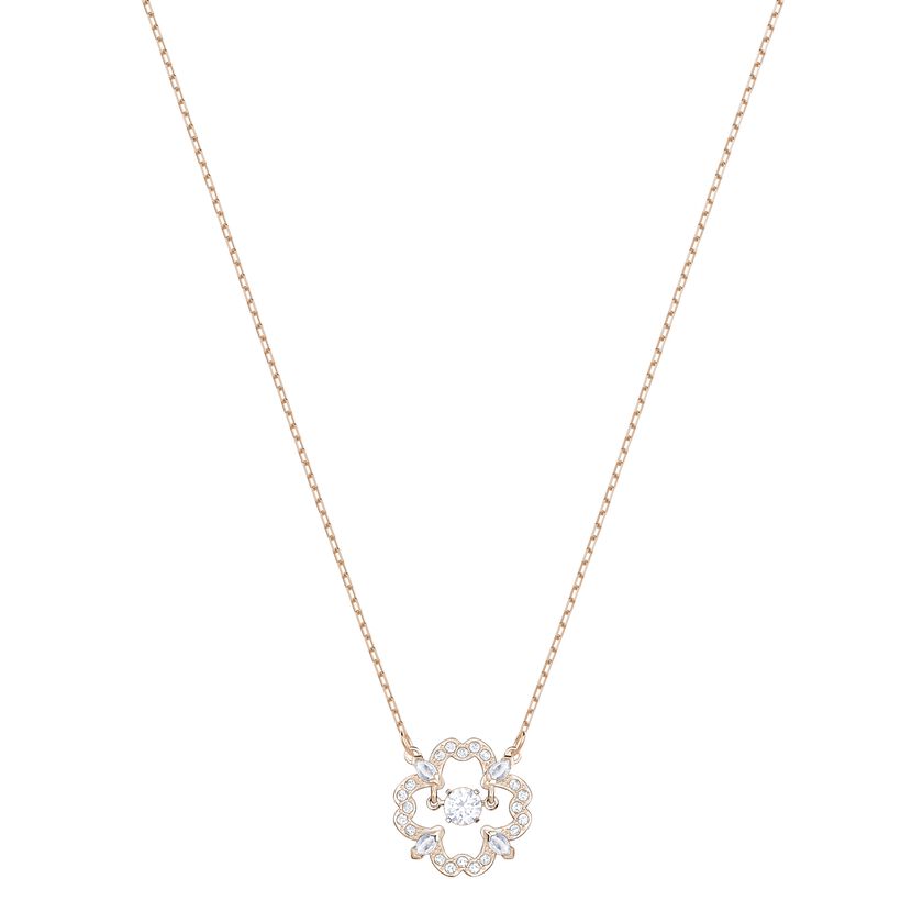 Sparkling Dance Flower Necklace, White, Rose Gold Plating