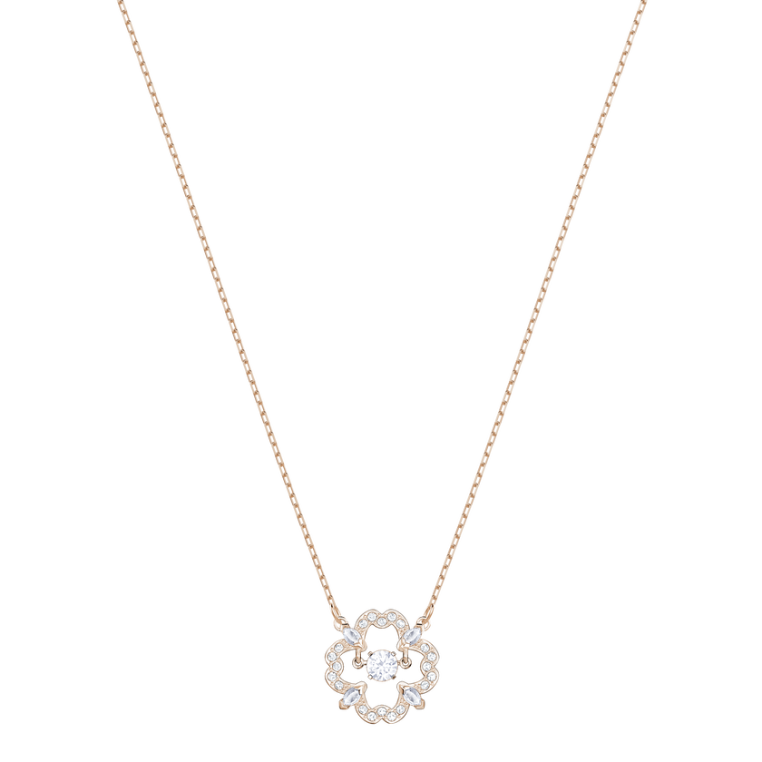Sparkling Dance Flower Necklace, White, Rose Gold Plating