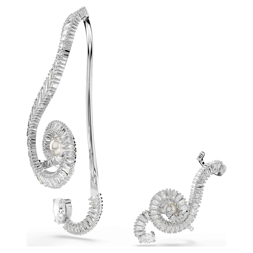 ariana grande x swarovski clip earrings  asymmetrical design  crystal pearl  baguette cut  white  rhodium plated