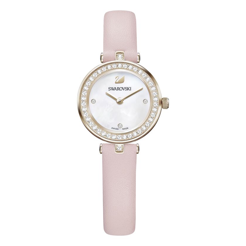 Aila Dressy Mini Watch, Leather strap, Pink, Champagne-gold tone PVD