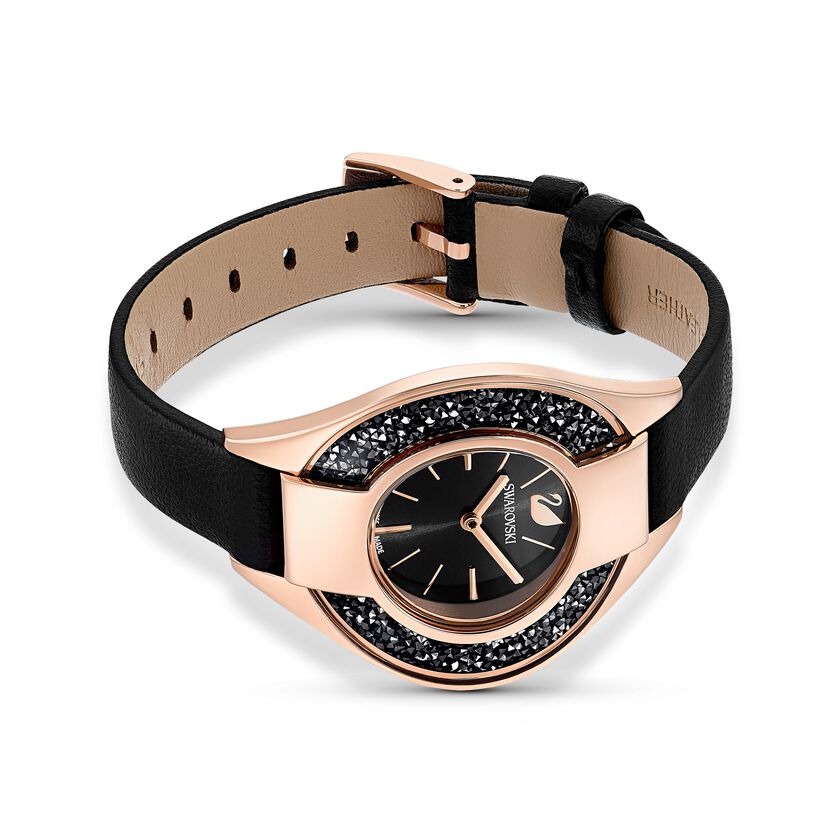 Crystalline Sporty Watch, Leather strap, Black, Rose-gold tone PVD