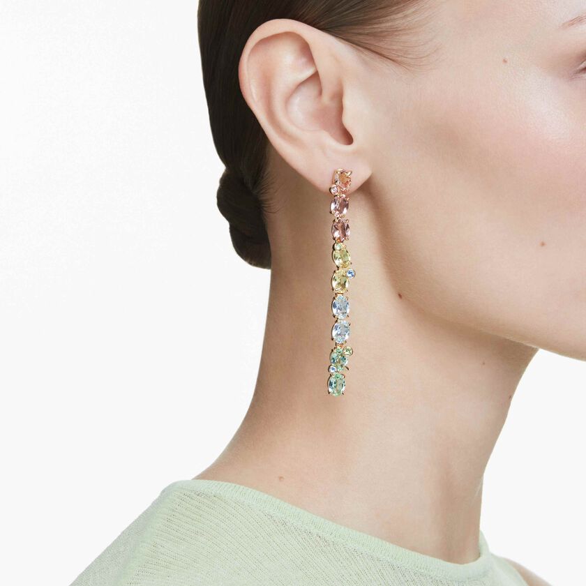 swarovski gema drop earrings  asymmetrical design  mixed cuts  multicolored  gold tone plated