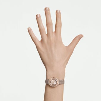 swarovski matrix octagon watch  leather strap  beige  rose gold tone finish