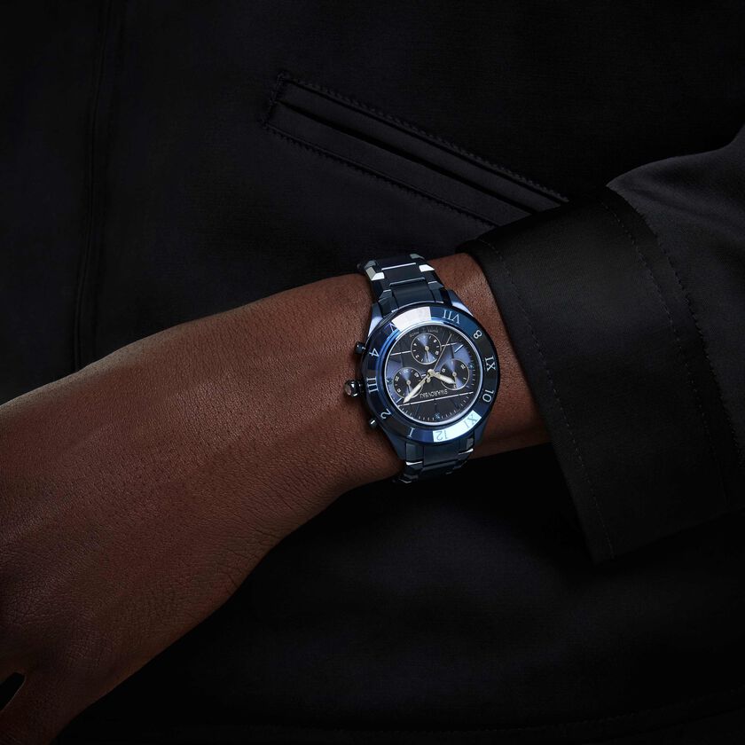 swarovski dextera chrono watch  39mm  swiss made  metal bracelet  blue  blue finish