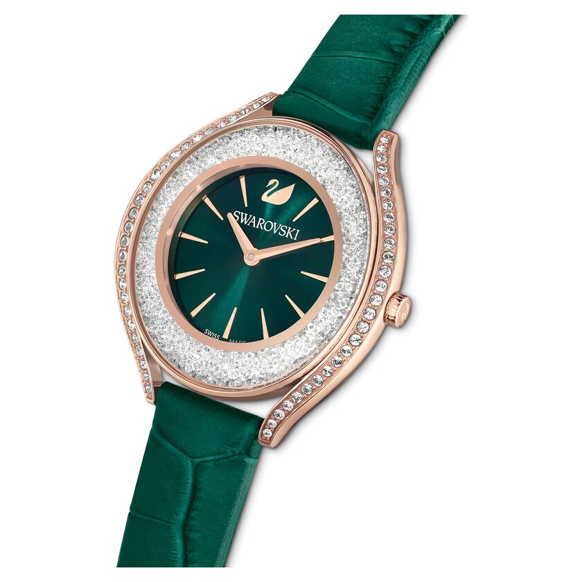 Crystalline Aura watch, Leather strap, Green, Rose gold-tone finish