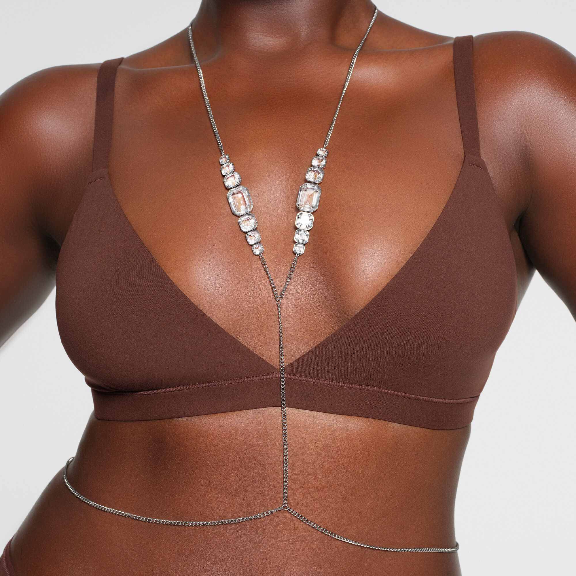swarovski x skims body chain  mixed cuts  v shape  white  stainless steel