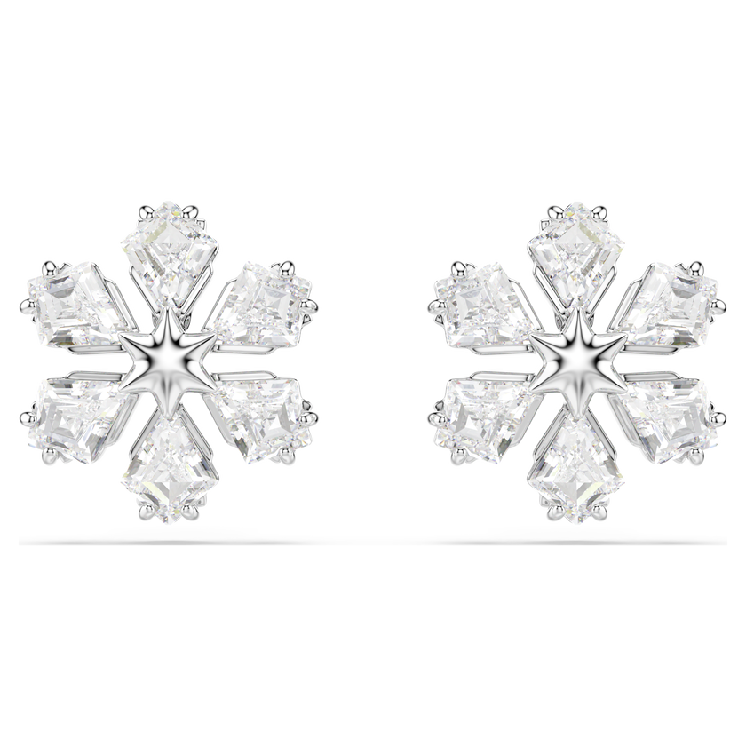 swarovski idyllia stud earrings  mixed cuts  snowflake  white  rhodium plated