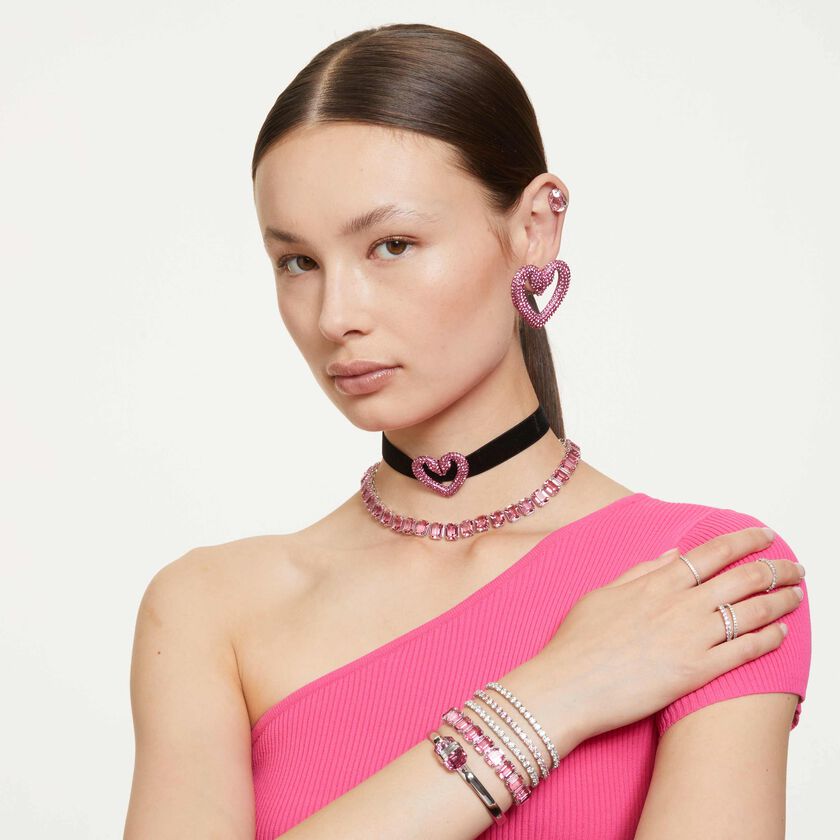 swarovski matrix tennis bracelet  round cut  pink  rhodium plated