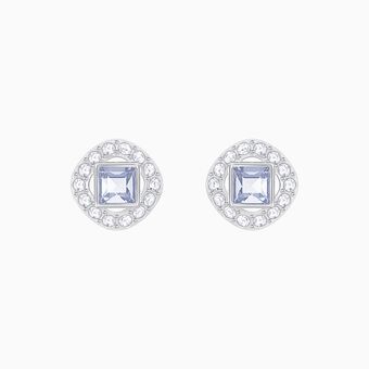 Angelic Square Pierced Earrings, Blue, Rhodium Plated