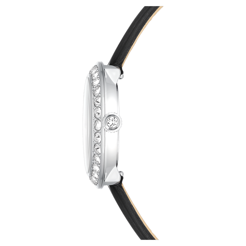 swarovski matrix tennis watch  swiss made  leather strap  black  stainless steel