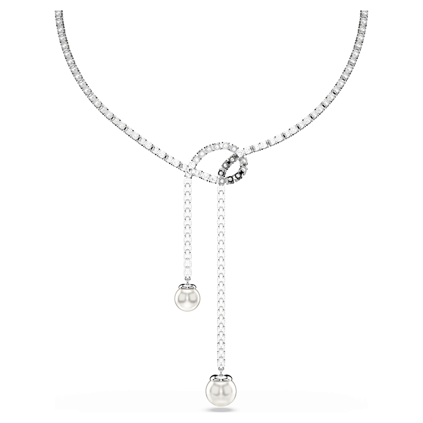 swarovski matrix y necklace  crystal pearl  round cut  white  rhodium plated