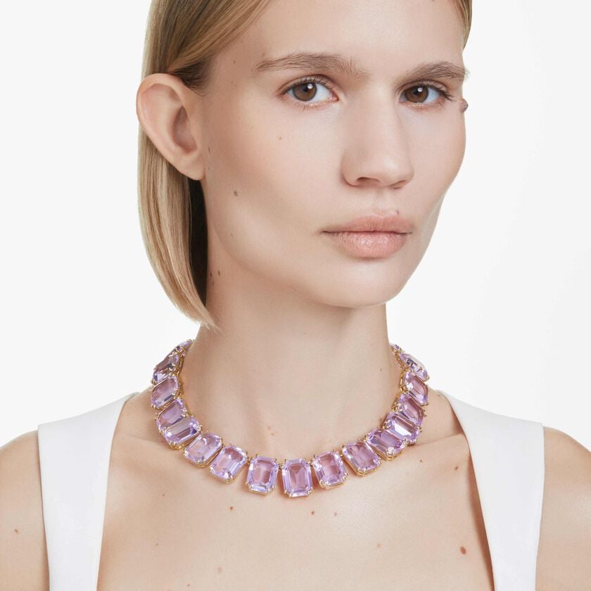 swarovski millenia tennis necklace  oversized crystals  octagon cut  purple  gold tone plated
