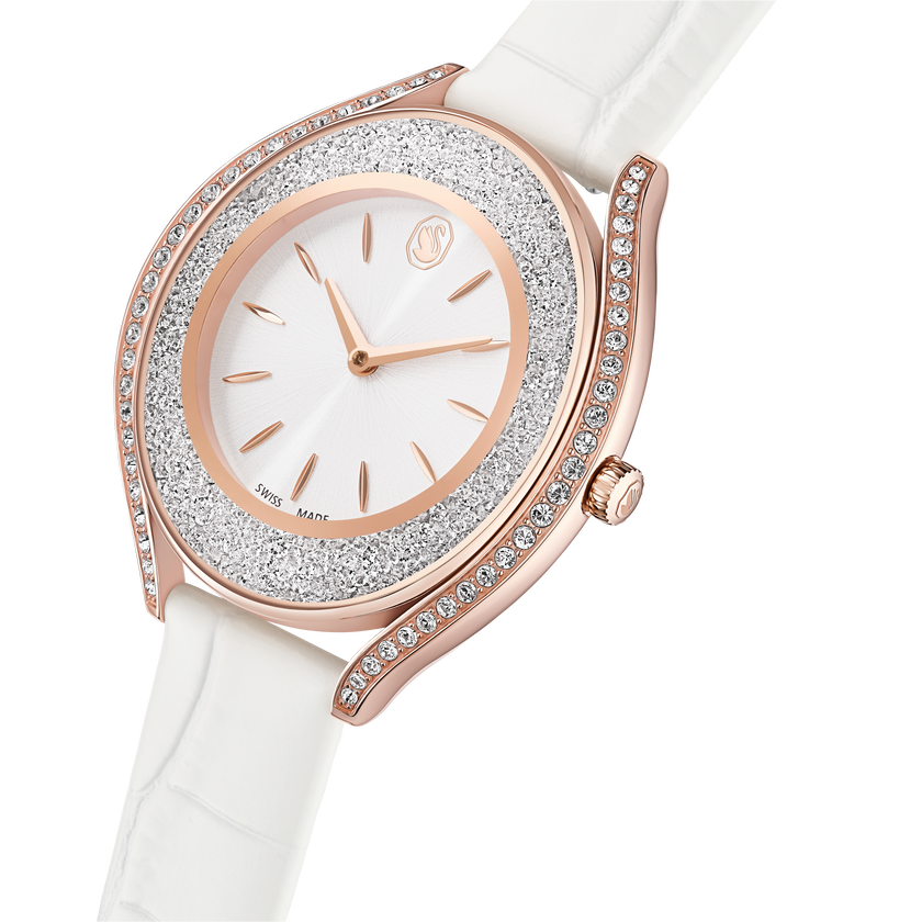 swarovski crystalline aura watch  swiss made  leather strap  white  rose gold tone finish