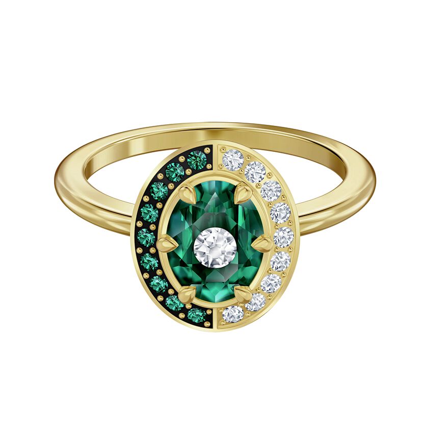 Black Baroque Motif Ring, Green, Gold-tone plated