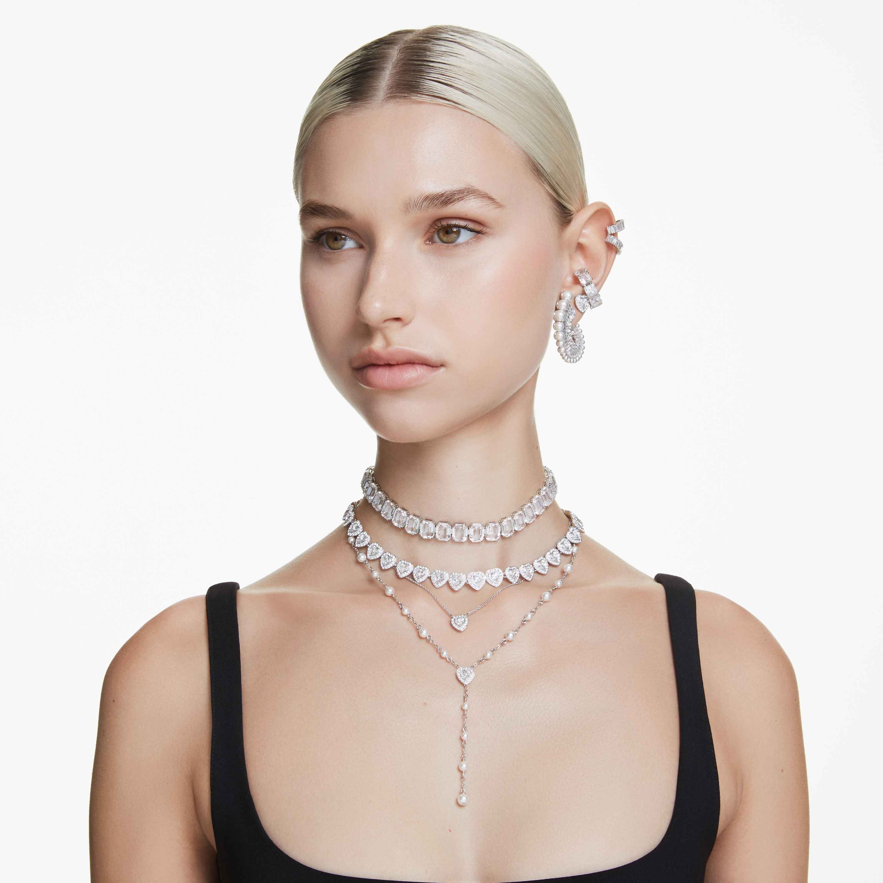 ariana grande x swarovski drop earrings  crystal pearl  mixed cuts  white  rhodium plated